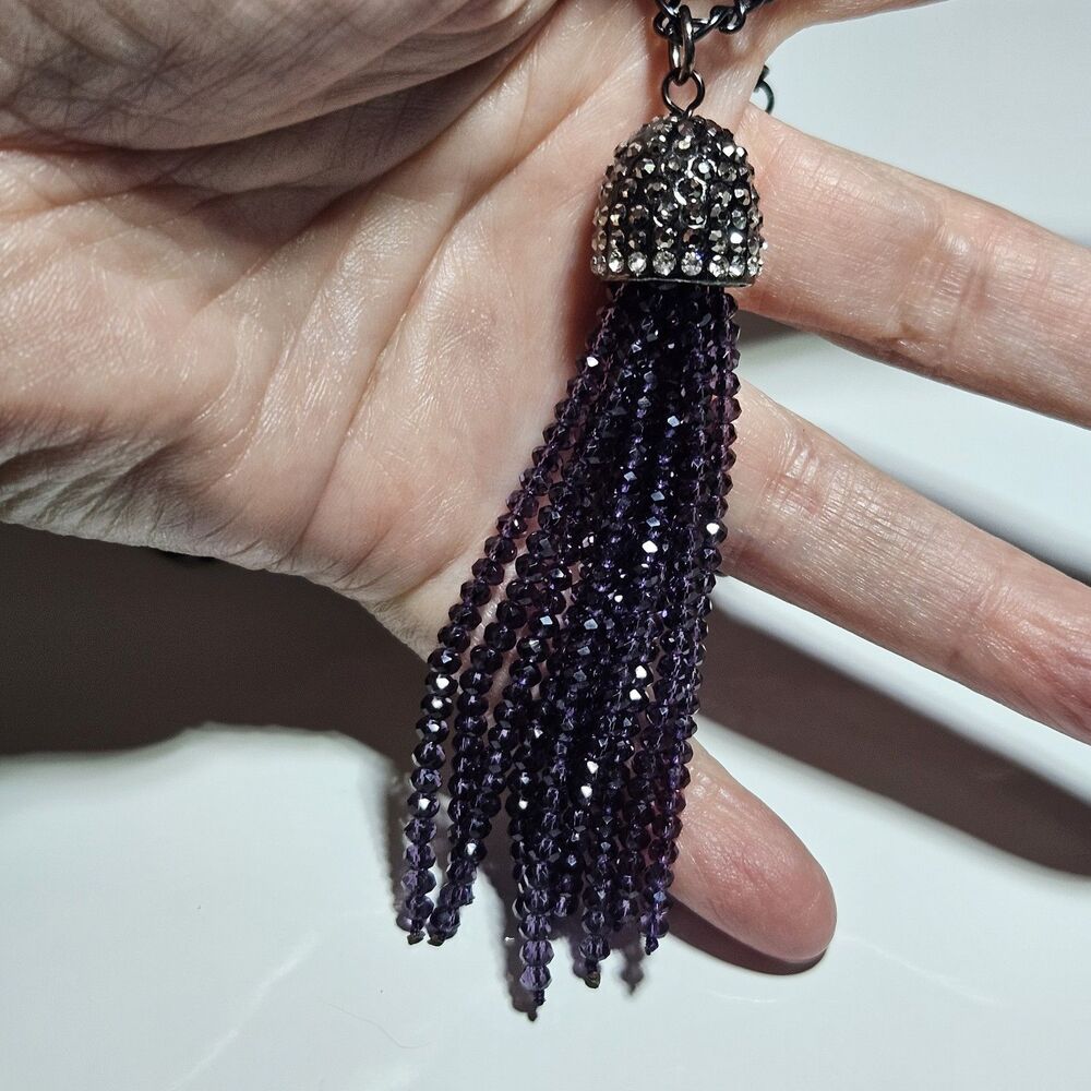 Dark Silver Tone Crystal Purple Glass Beaded Tassel Pendant Necklace 32-35.5"